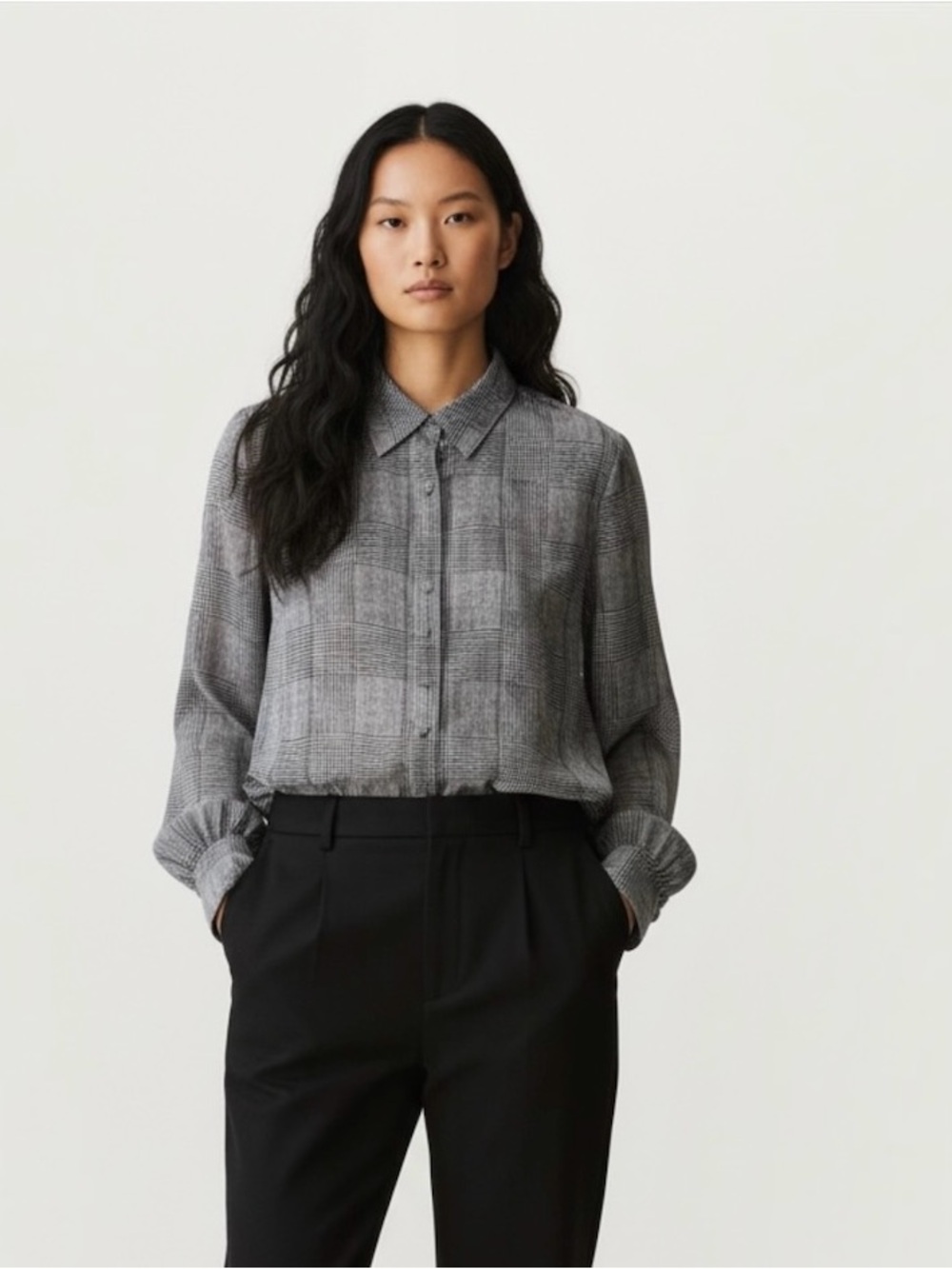 White House Black Market Black & White Semi Sheer Glen Plaid Button Up Shirt XS